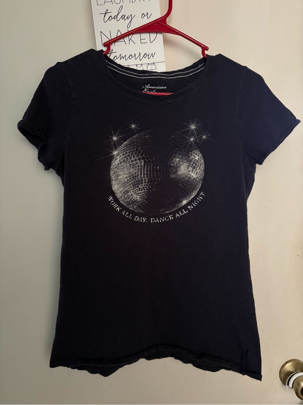 American Eagle Outfitters Dark Grey Tee with Silver Disco Ball Graphic